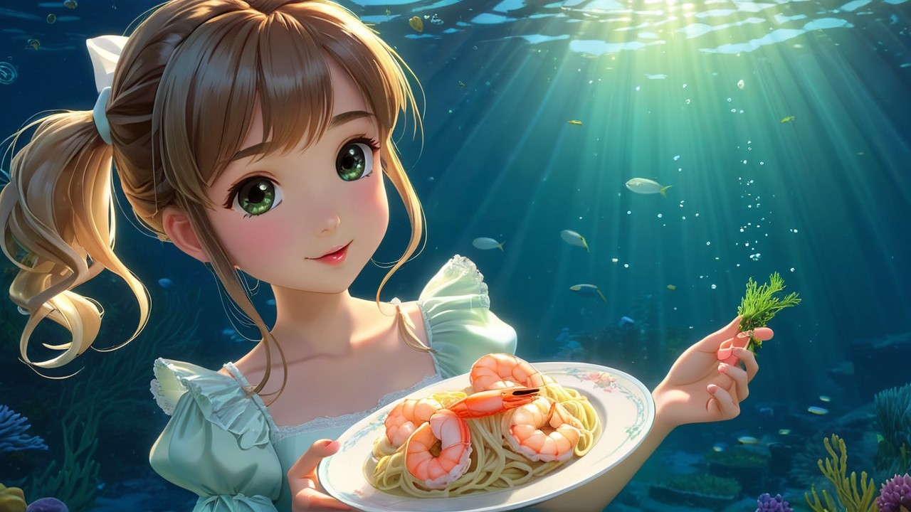 Anime-style girl with shrimp spaghetti in underwater scene