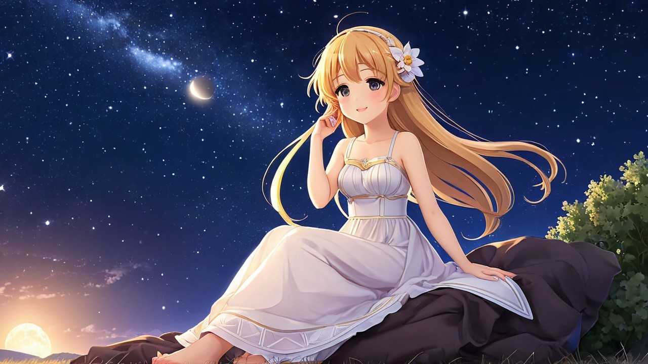 Serene Night Landscape with a Girl Under Stars