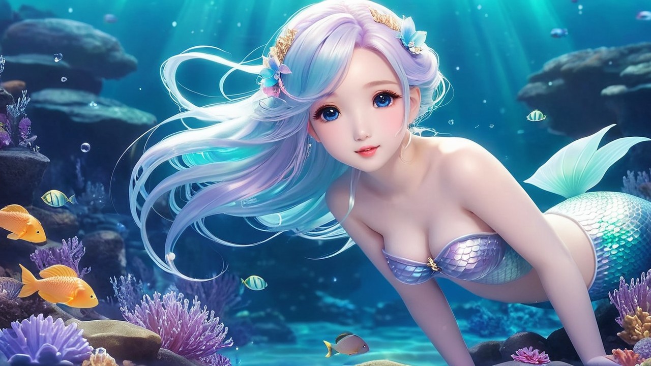 Whimsical Underwater Scene with Mermaid and Coral Reefs