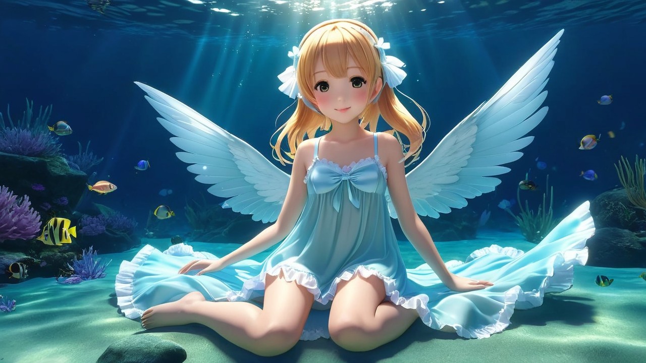 Underwater Scene of a Girl with Angelic Wings