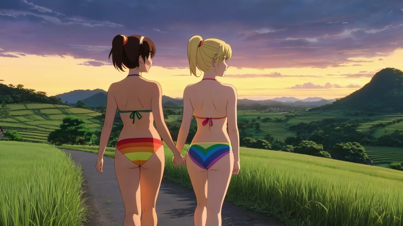 Girls in Bikinis Walking Through Lush Green Fields