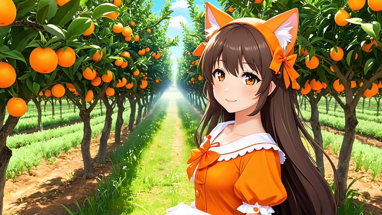 Cheerful Girl in Orange Orchard Under Blue Sky