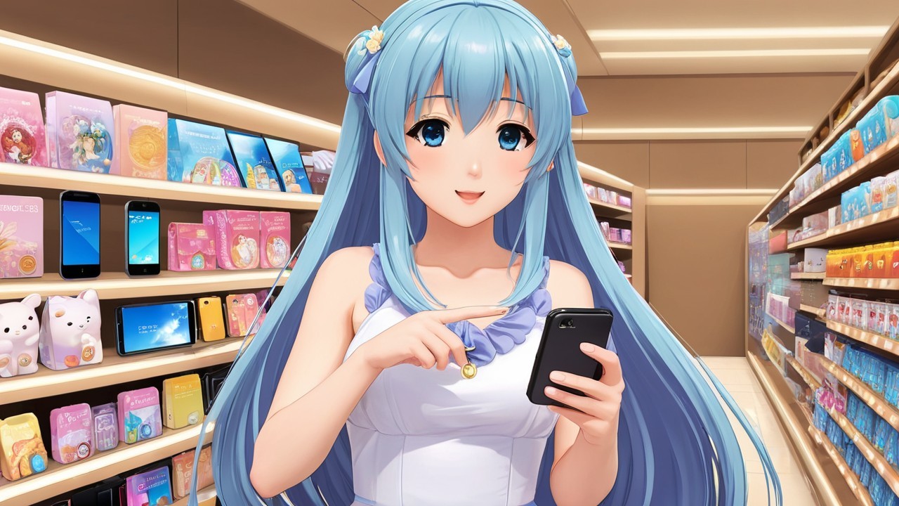 Cheerful Character in Colorful Store Aisle with Gadgets