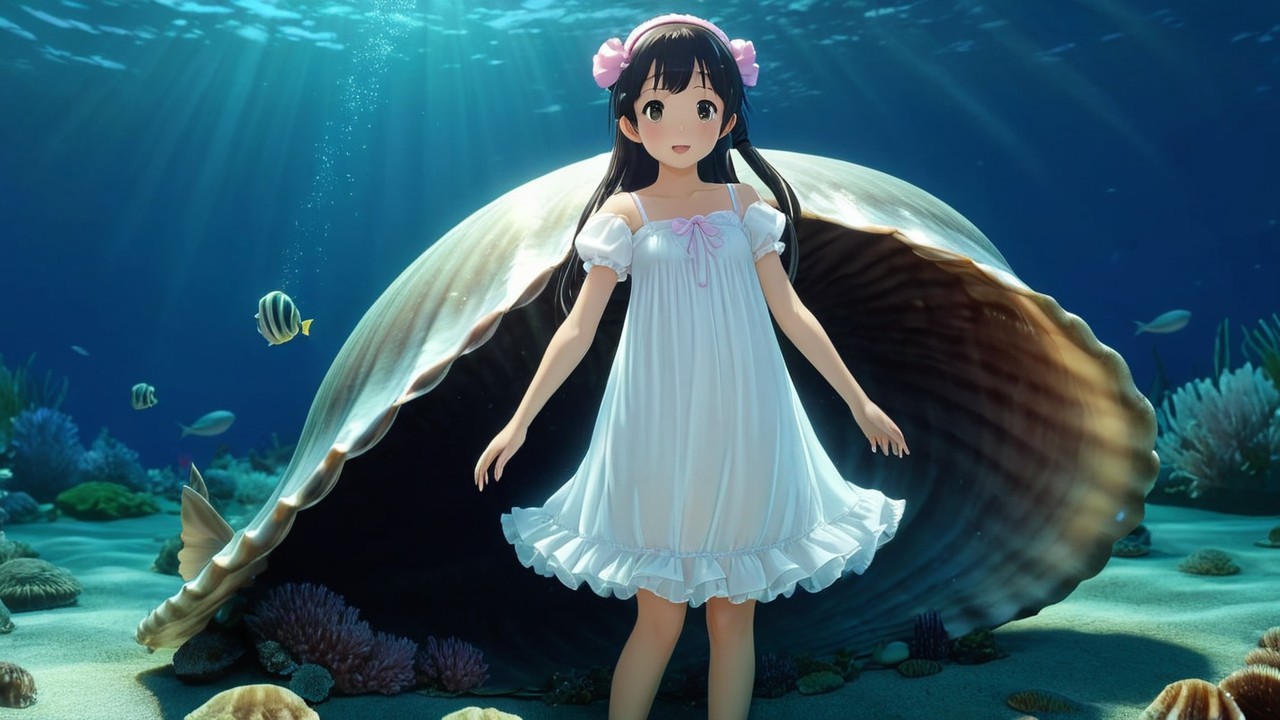 Underwater Scene with a Girl and Marine Life