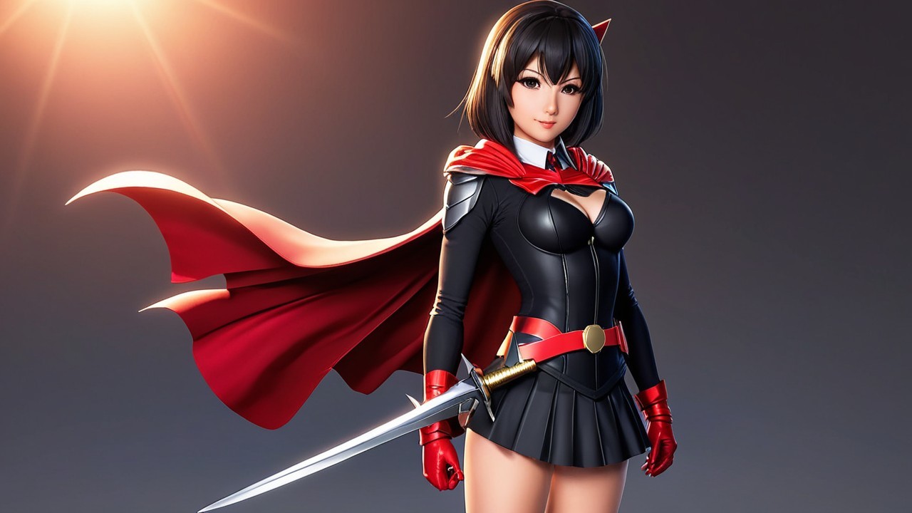 Confident Female Character in Black Outfit and Red Cape