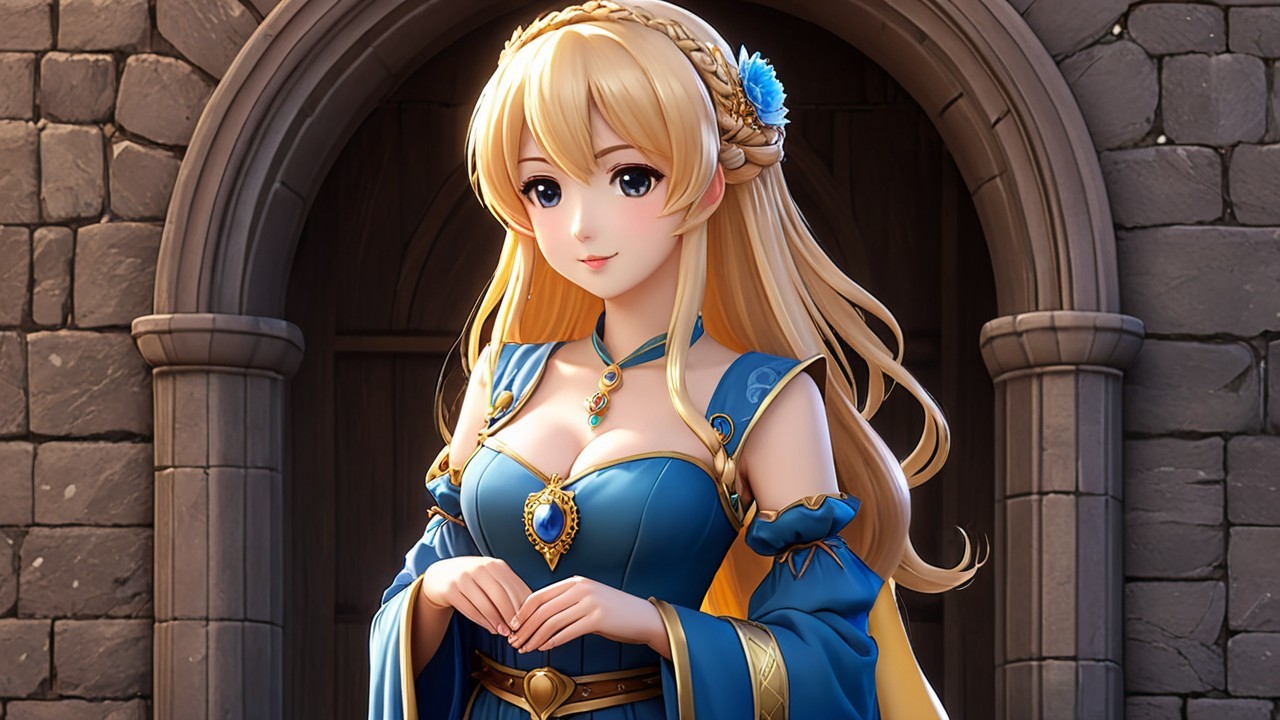 Elegant Fantasy Character in Blue and Gold Gown