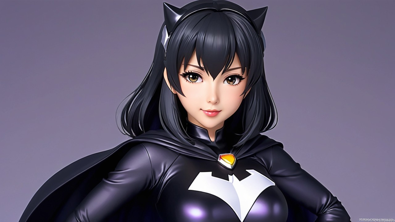 Stylized Female Character in Black Costume with Cape