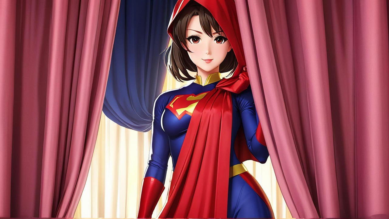 Confident Young Woman in Superhero Costume Behind Curtain