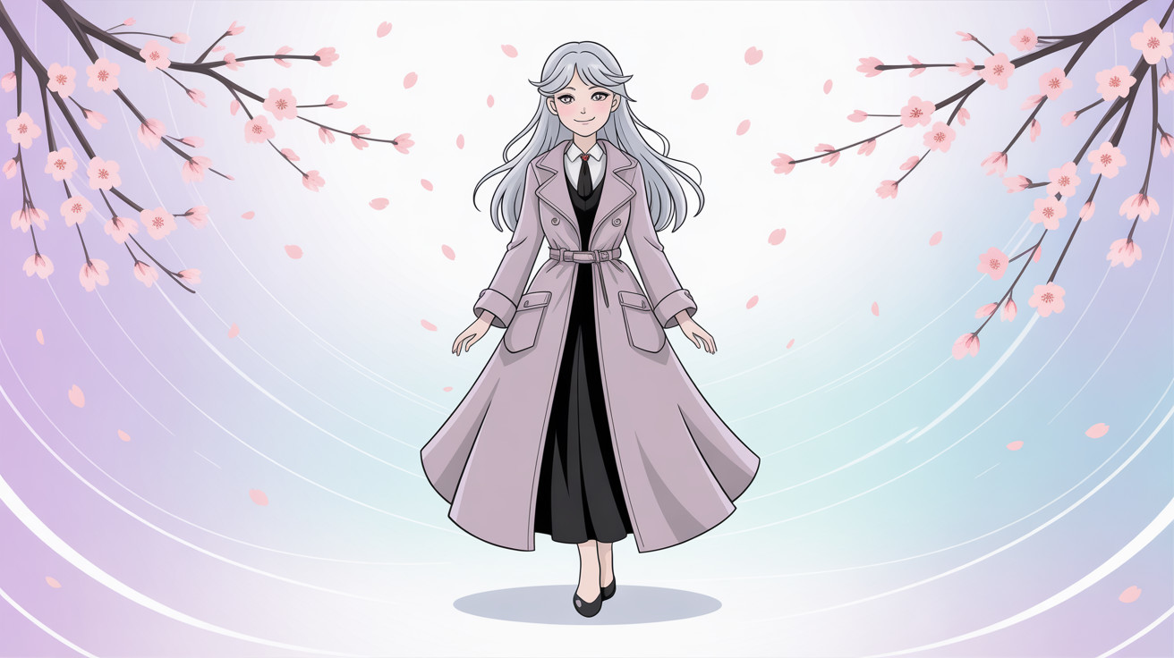 Anime Woman in Purple Coat with Sakura Background