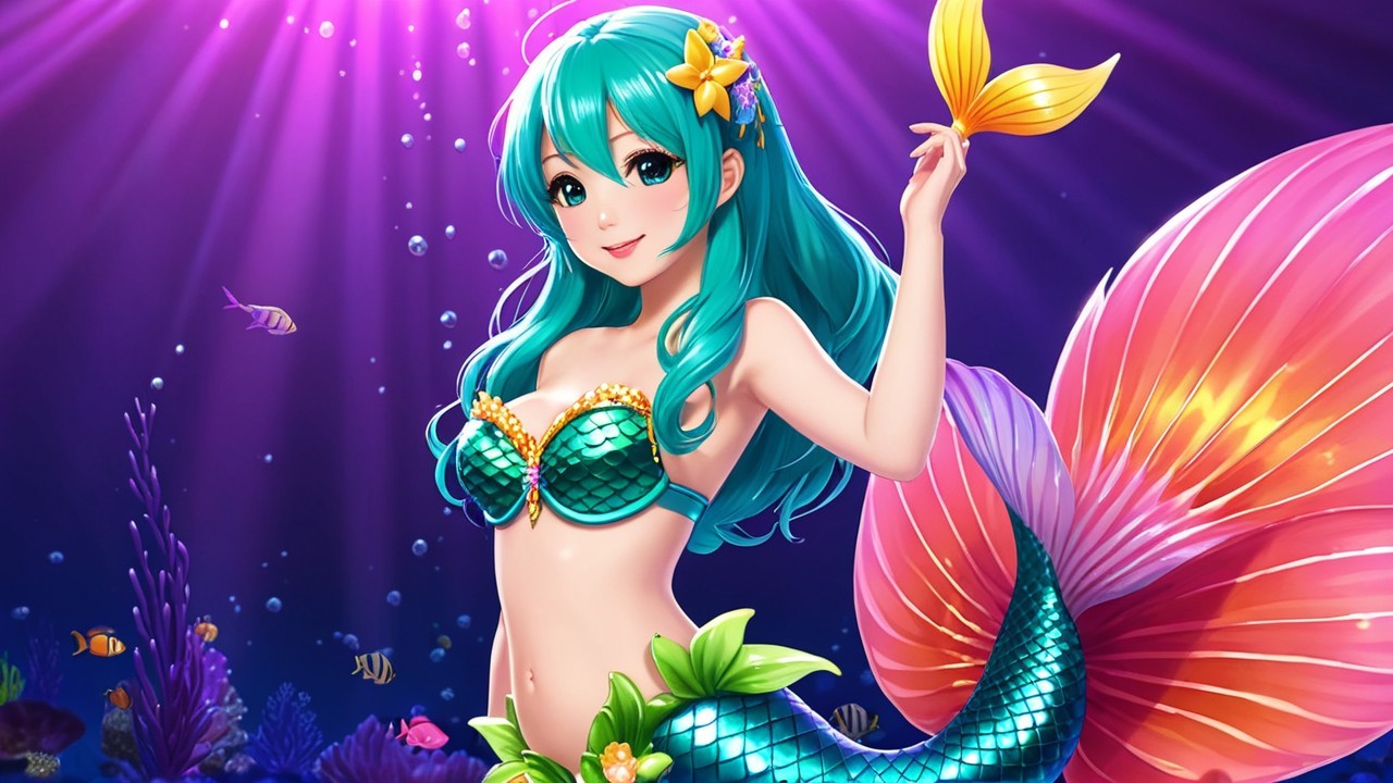 Vibrant Underwater Scene with Cheerful Mermaid