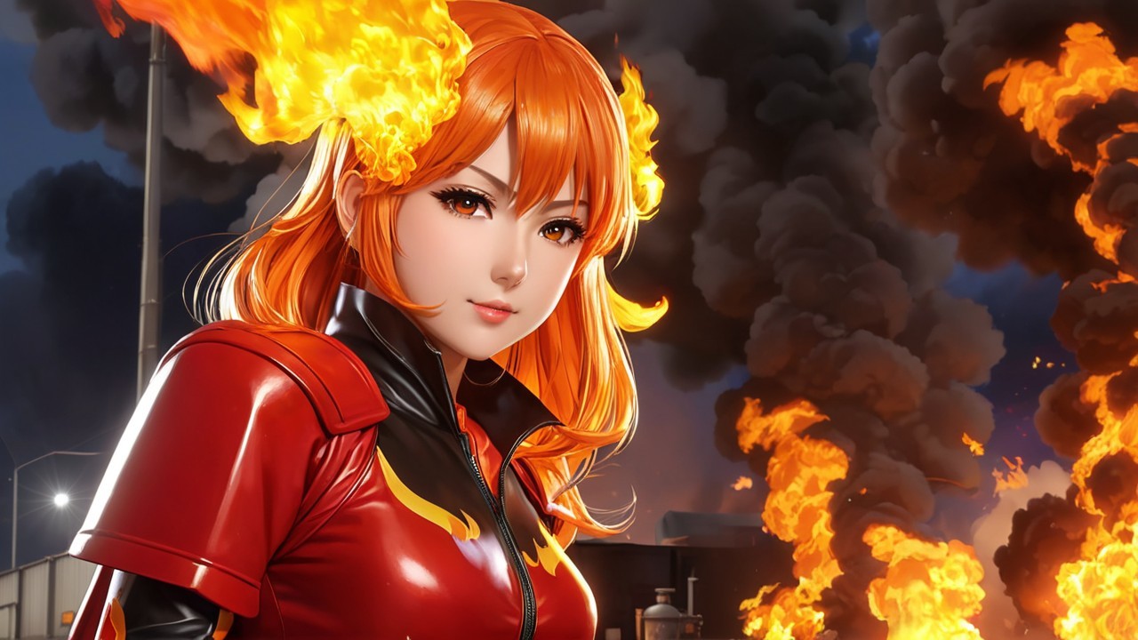 Fierce Female Character in Flames and Smoke Background