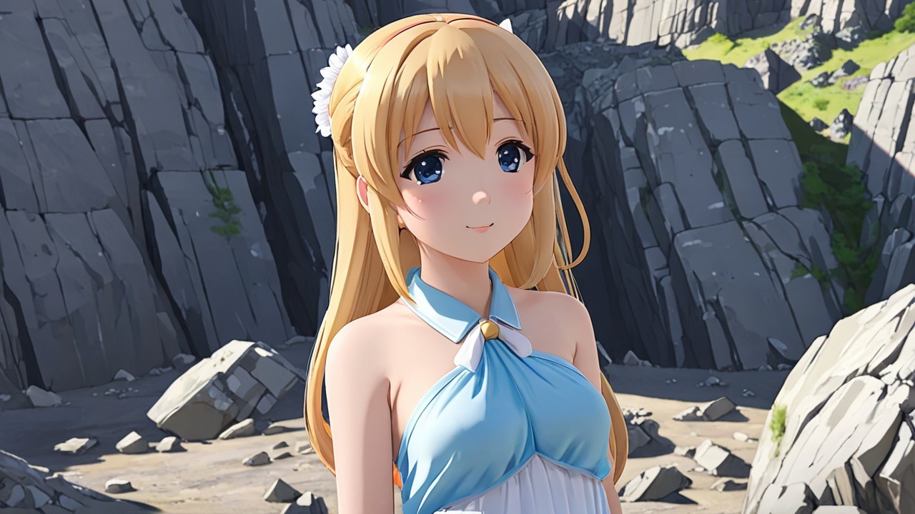 Cheerful anime character in rocky outdoor terrain