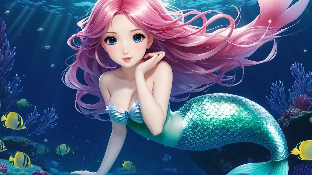 Vibrant Underwater Scene with a Mermaid and Coral