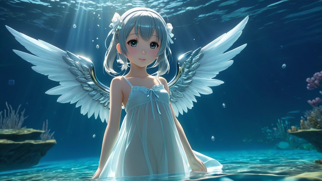 Underwater Scene with Angel Wings and Flowing Dress
