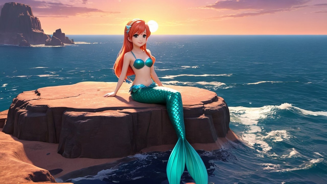 Mermaid with Red Hair on Rocky Outcrop at Sunset