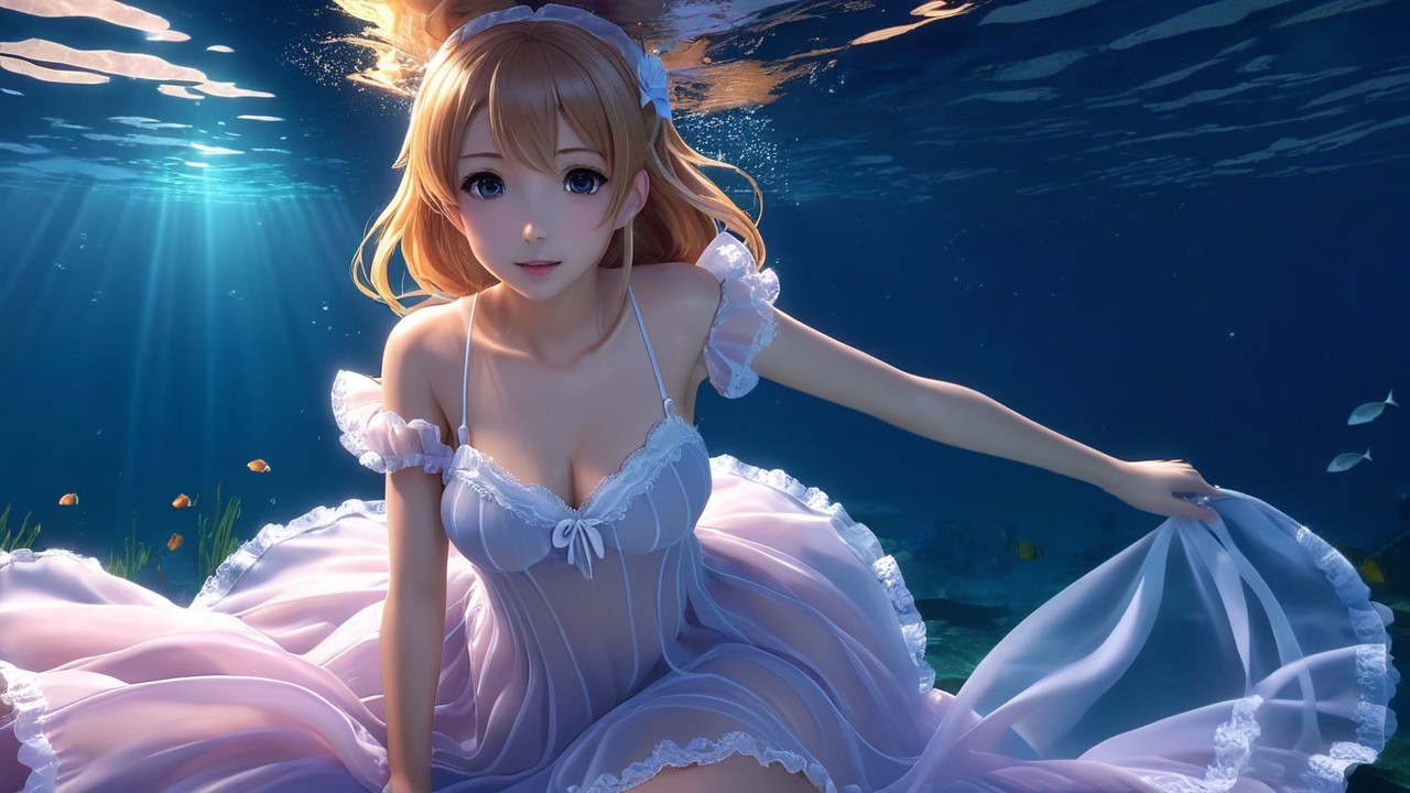 Underwater Scene with Woman in Translucent Gown