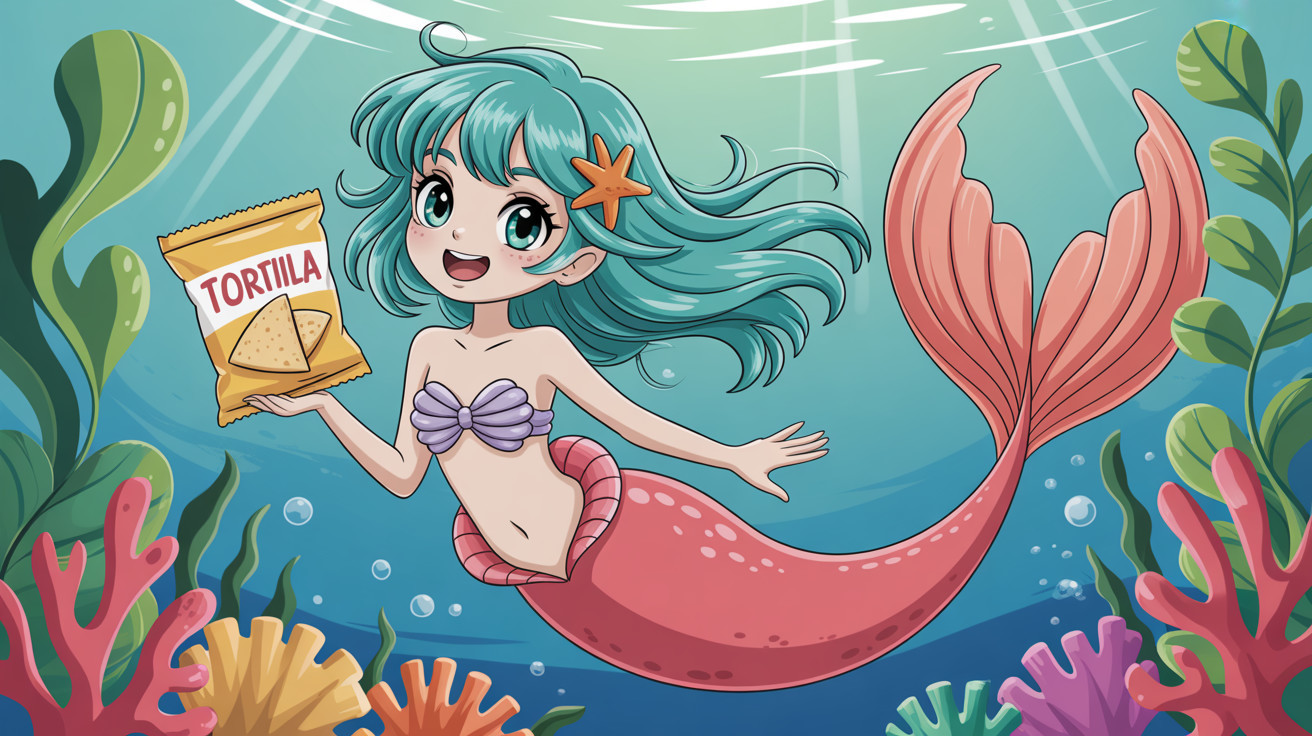 Cheerful Anime Mermaid with Tortilla Chips Underwater