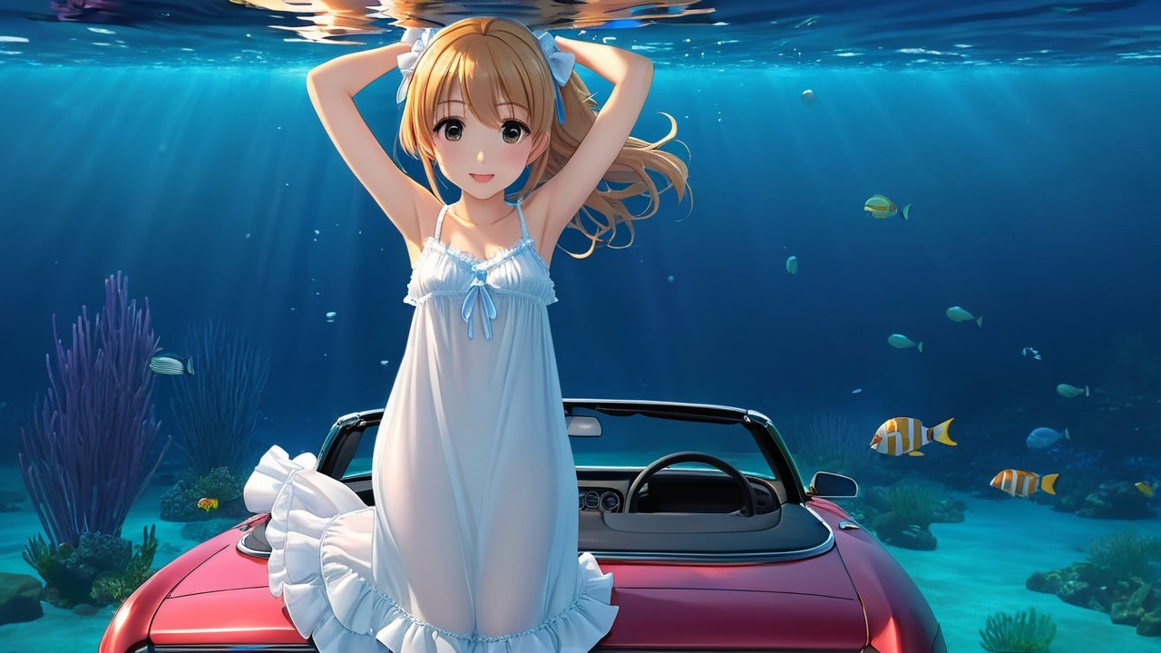 Underwater Scene with Girl in White Dress and Fish
