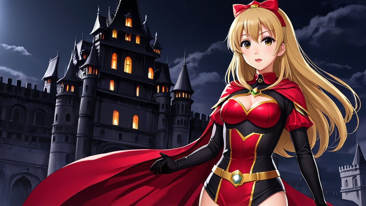 Anime Heroine in Front of Dark Castle at Night