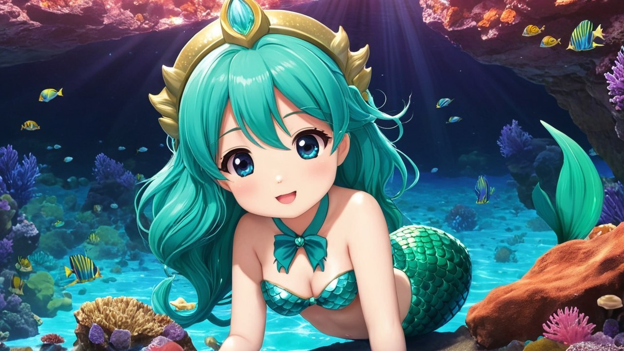 Cheerful mermaid with turquoise hair in underwater scene