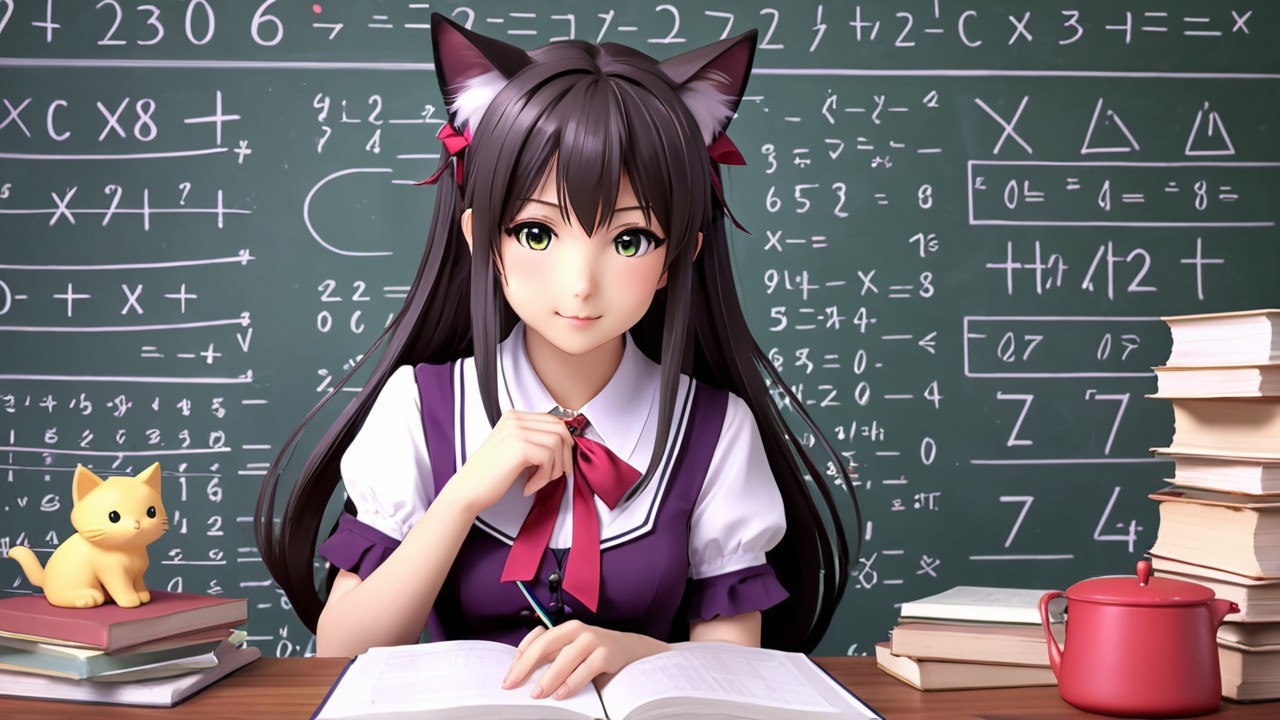 Young girl with cat ears studying at a desk
