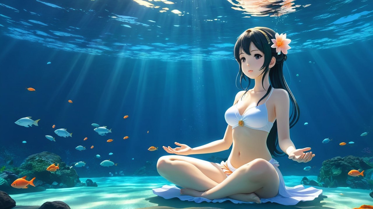 Anime girl meditating underwater with colorful fish