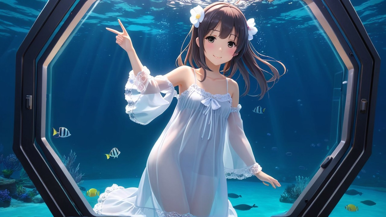 Cheerful girl in white dress submerged underwater