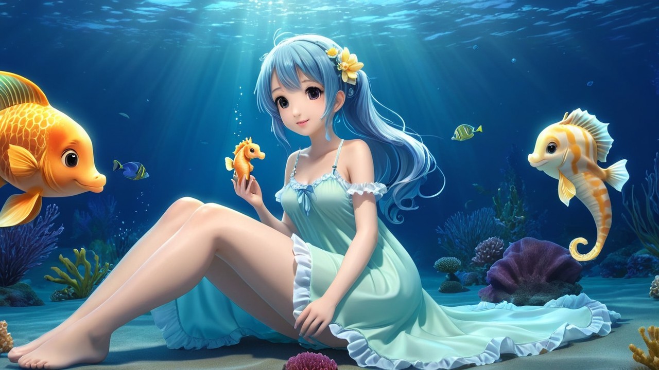 Underwater Scene with Girl, Corals, and Fish