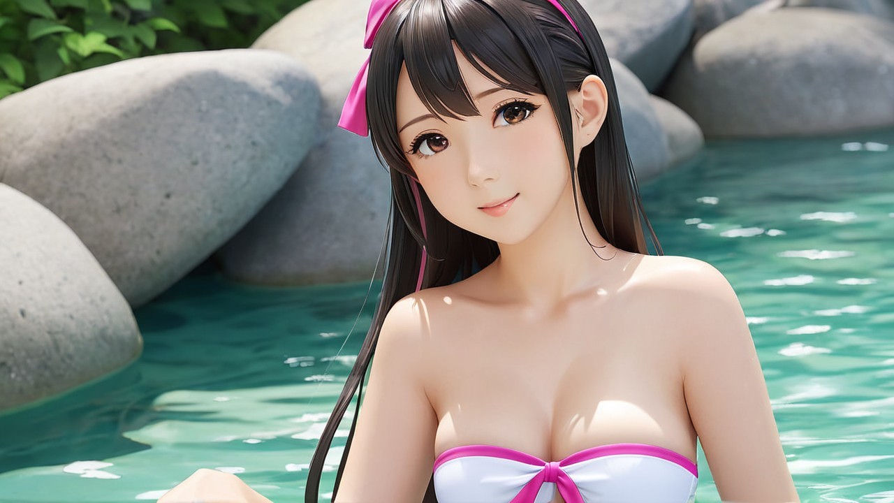 Young woman in two-tone bikini by serene pool