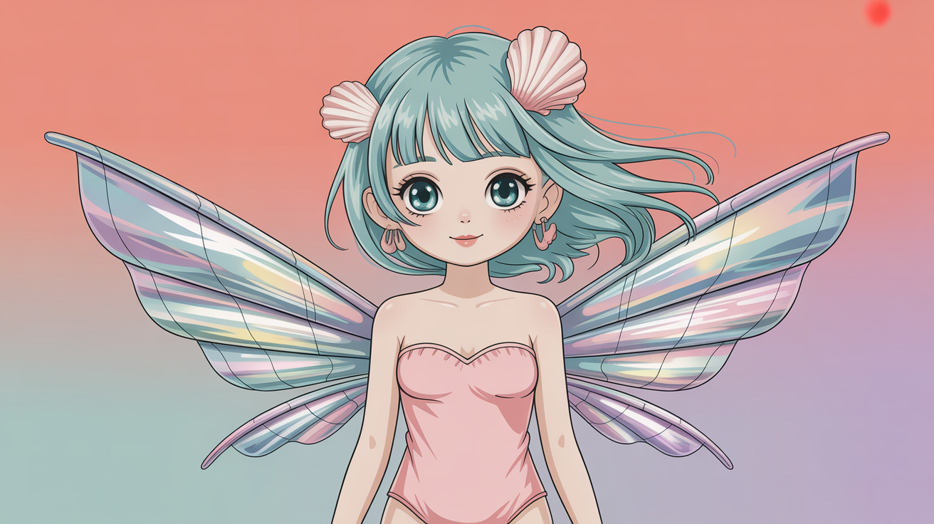 Anime Fairy with Blue Hair and Shell Accessories