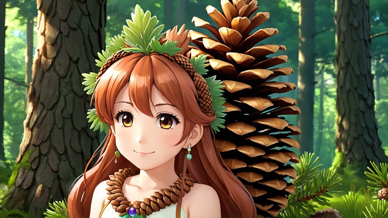 Young girl in nature-themed attire among tall trees