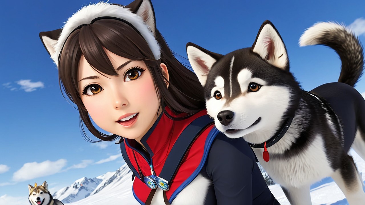 Cheerful girl and Huskies in snowy mountain landscape