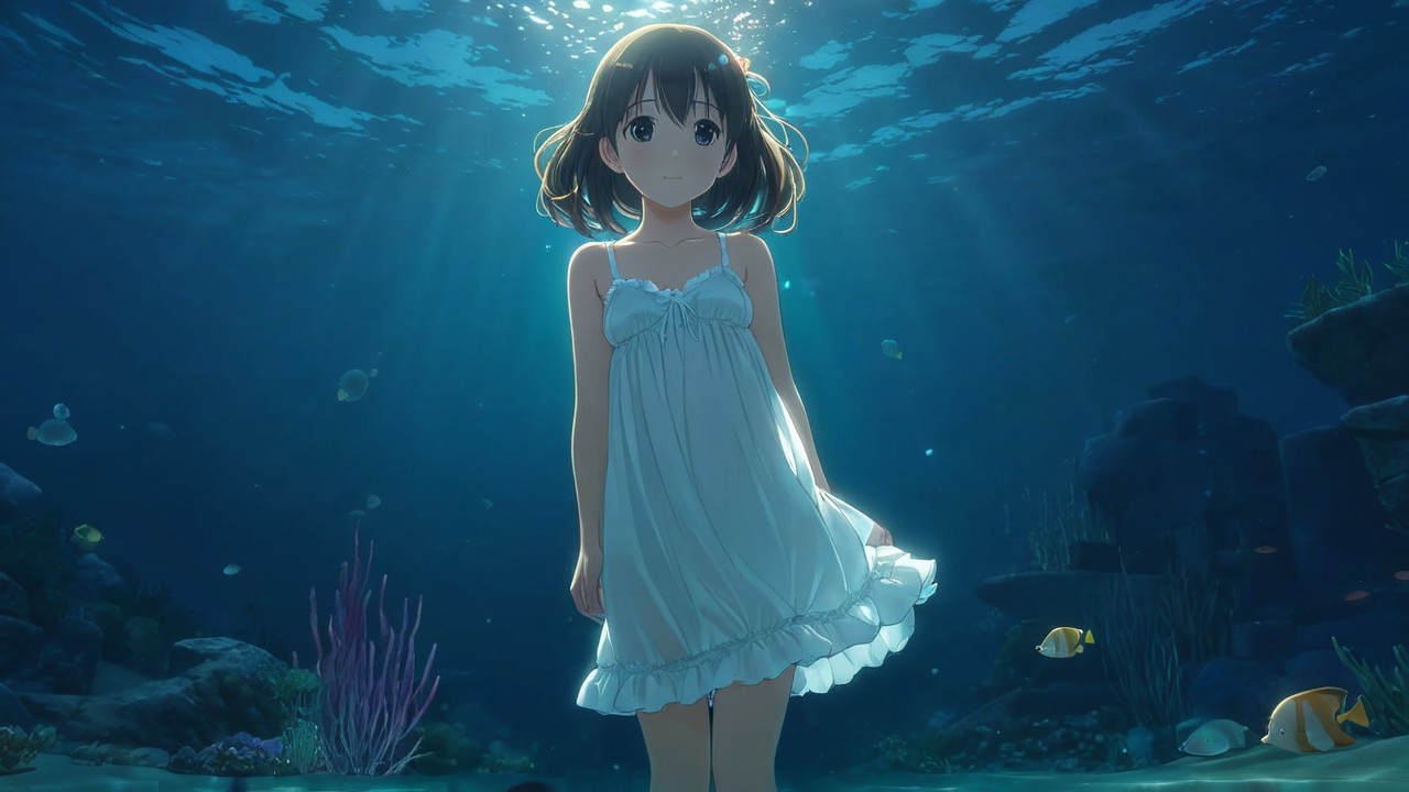 Young girl in white dress underwater with fish and coral
