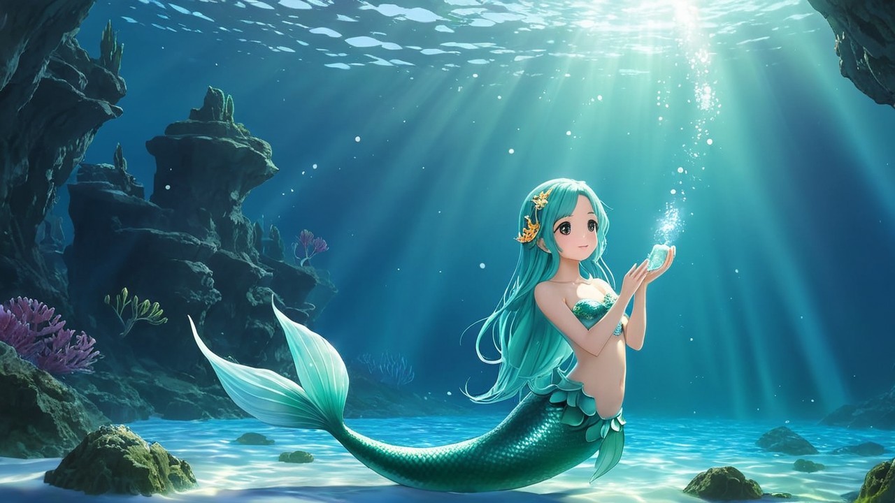 Underwater Scene with Mermaid and Glowing Orb
