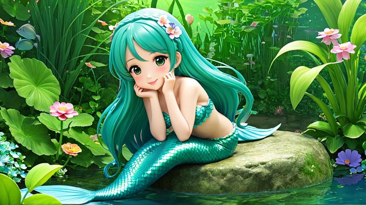 Whimsical Mermaid in Lush Underwater Garden Scene
