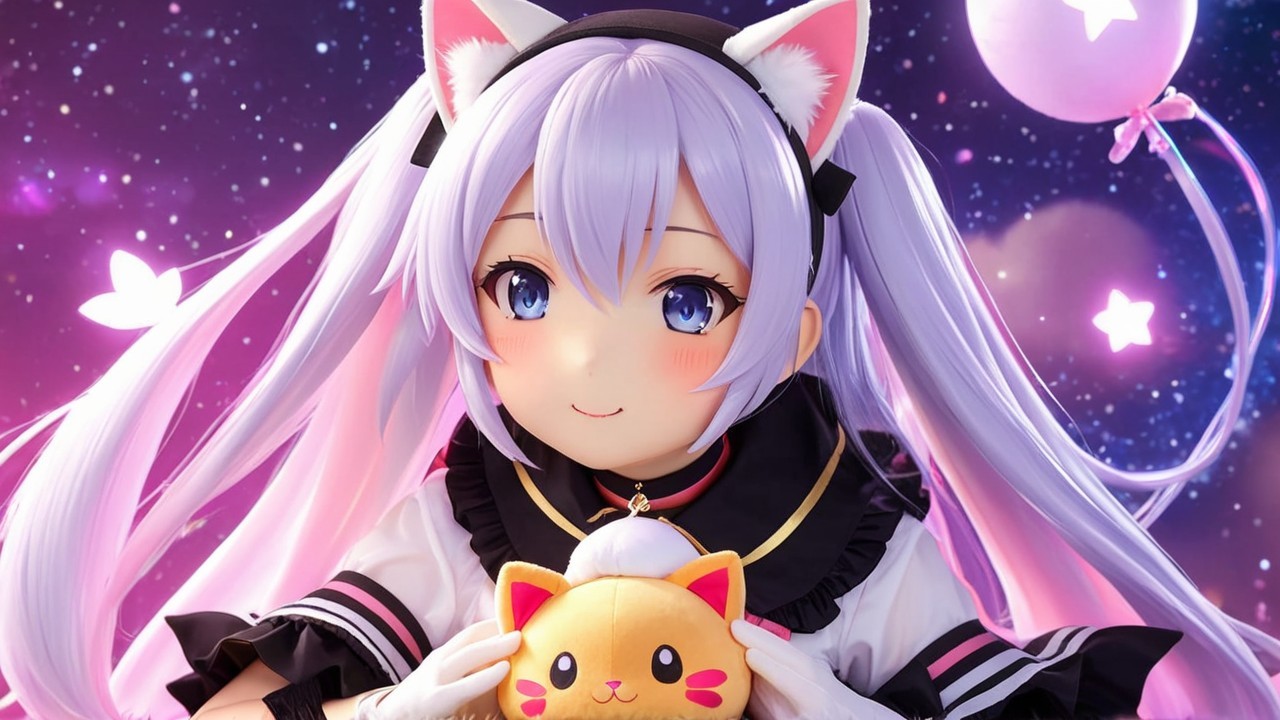 Cute anime character with lavender hair and cat ears