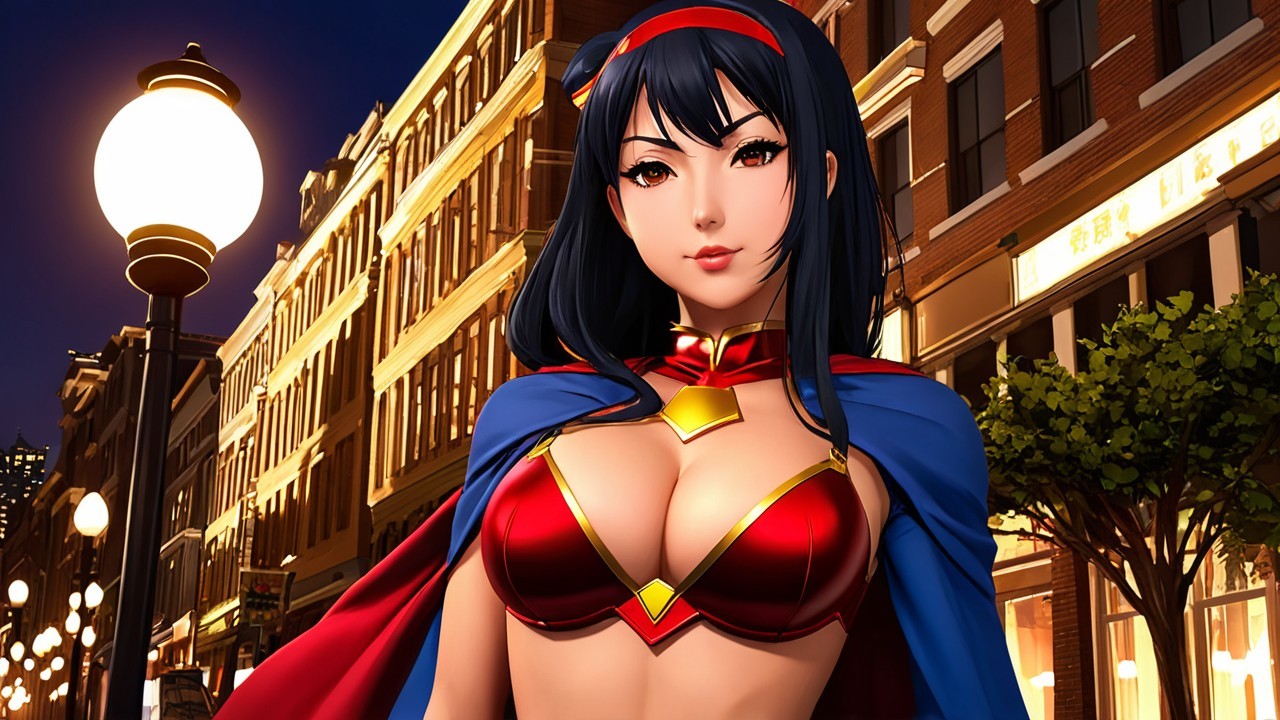 Confident Female Superhero in Urban Street Setting