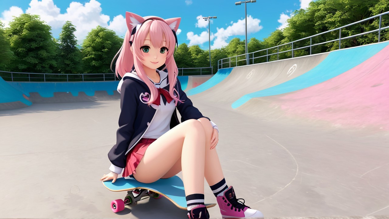 Vibrant Anime Girl at Skate Park with Lush Background
