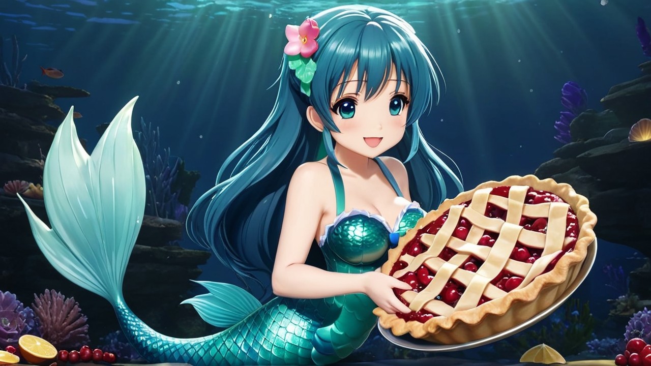 Cheerful mermaid in underwater scene with cherry pie