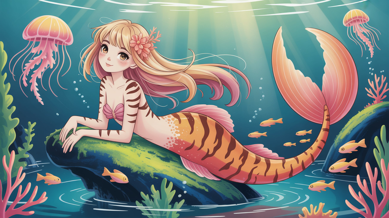 Cute mermaid illustration with vibrant colors and sea life