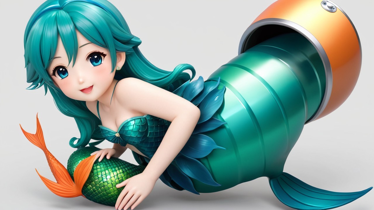 Stylized mermaid character with teal hair and fish tail