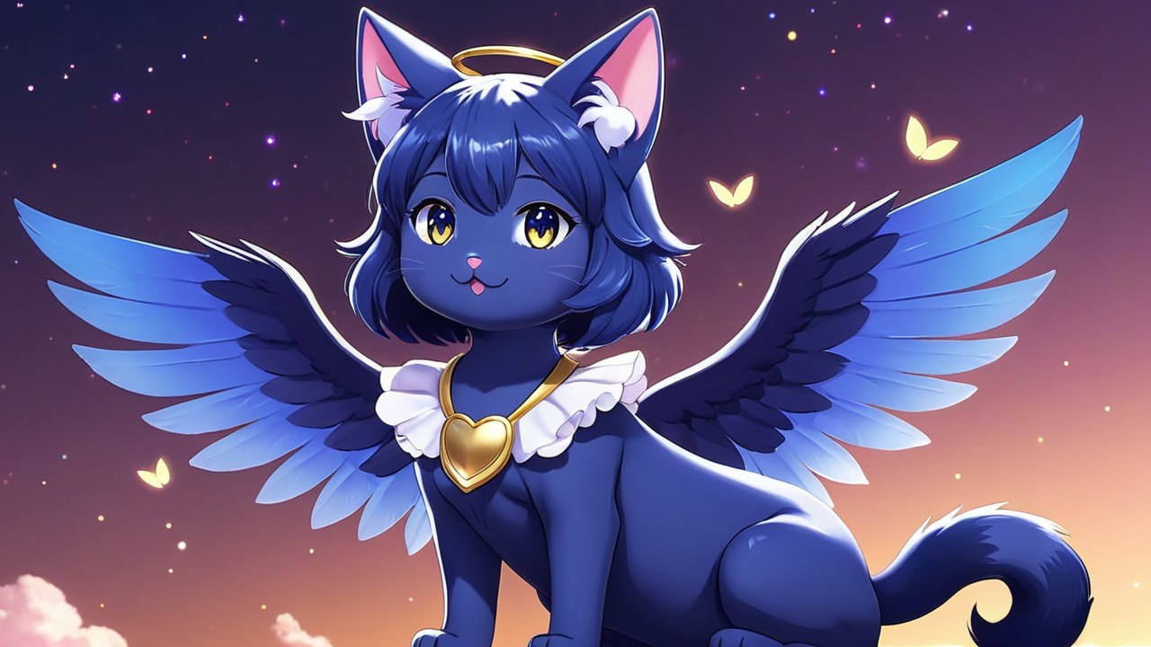 Whimsical Blue-Furred Cat with Wings in Twilight Sky