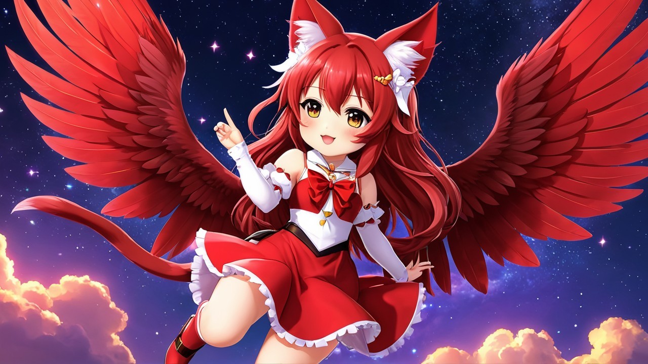 Cheerful Character with Red Hair and Feline Features