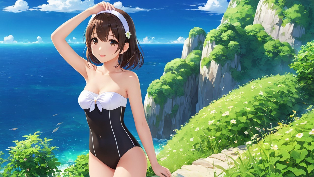 Young girl in black swimsuit by the ocean scenery