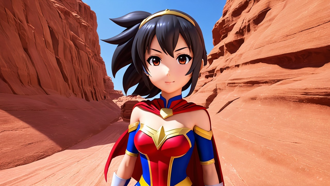 Animated character in a canyon with red rock formations