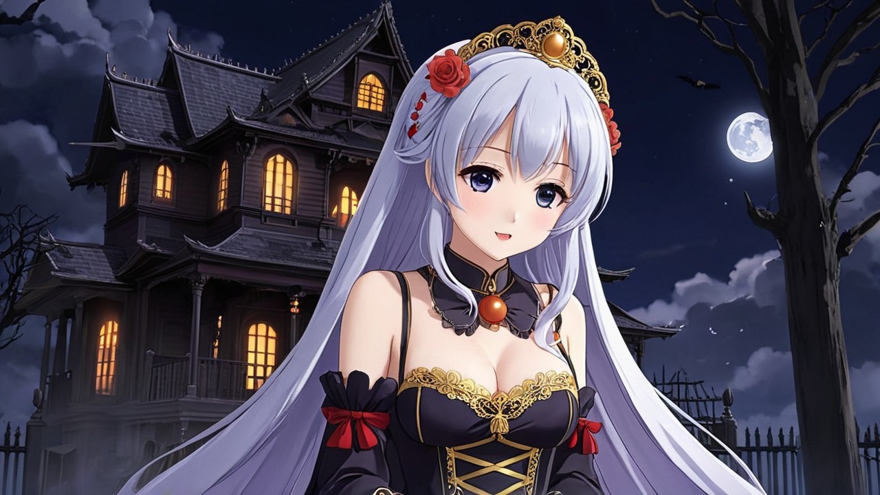 Anime Character in Gothic Mansion Under Full Moon