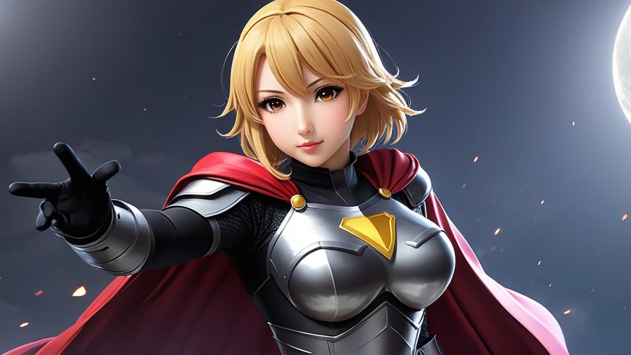 Fierce Female Warrior in Armor with Crimson Cape