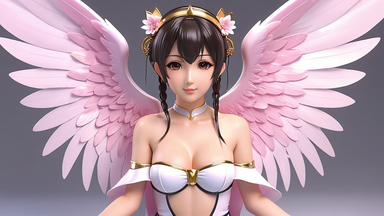 Character with Dark Hair, Pink Wings, and White Outfit