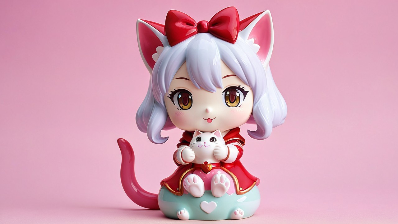 Whimsical Character with Cat Ears and Fluffy Cat
