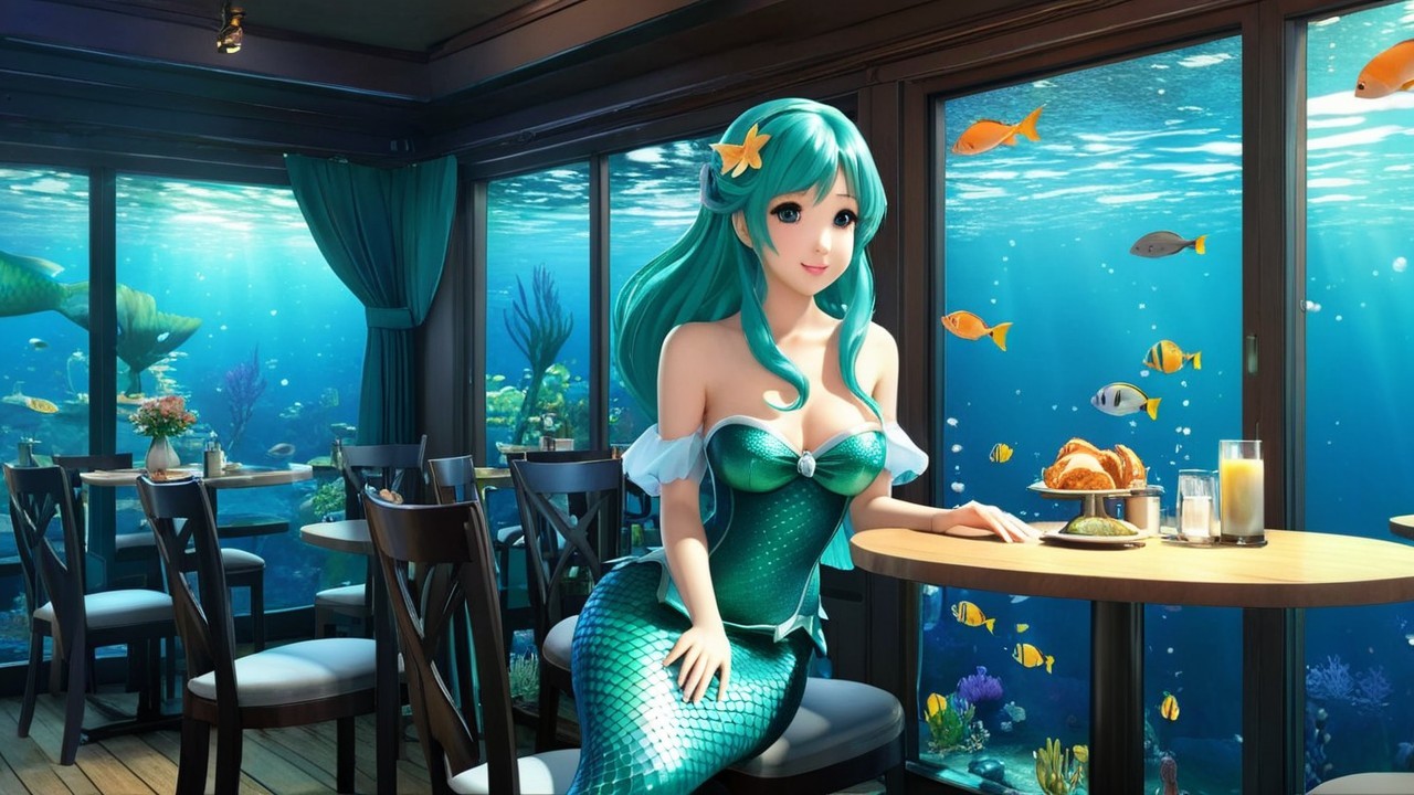 Mermaid in Underwater Café with Vibrant Teal Hair